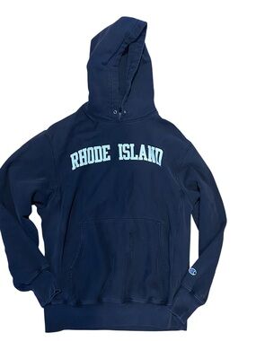 Champion Navy Hoodie with Light Blue Rhode Island Print